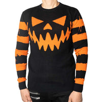 Thumbnail for Pumpkin Distressed Striped Sweater - Kreepsville