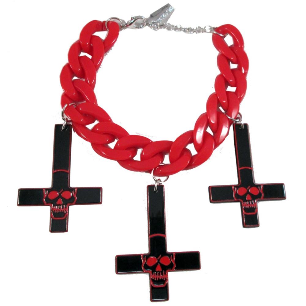 新品■STOPLIGHT Skull Gothic Cross Bracelet Kreepsville 666 Inverted Cross Skull Bracelet Red
