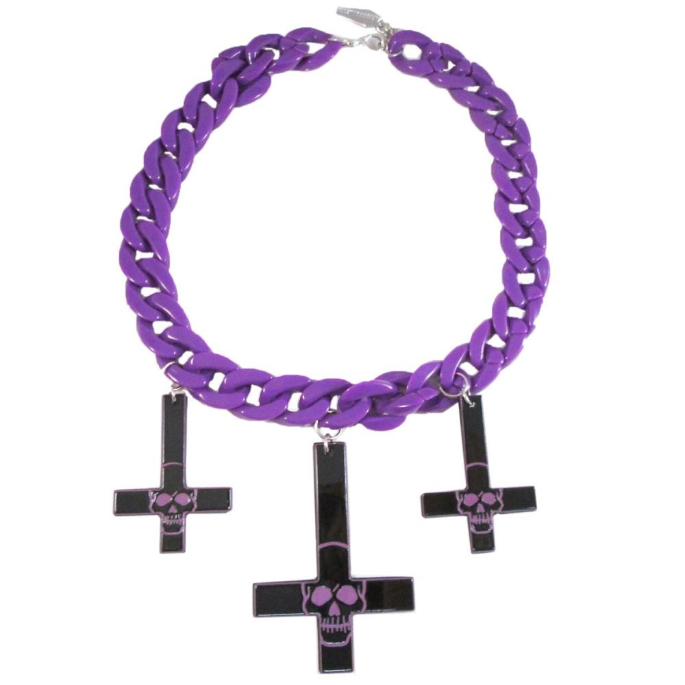 Inverted Cross Skull Necklace Purple - Kreepsville