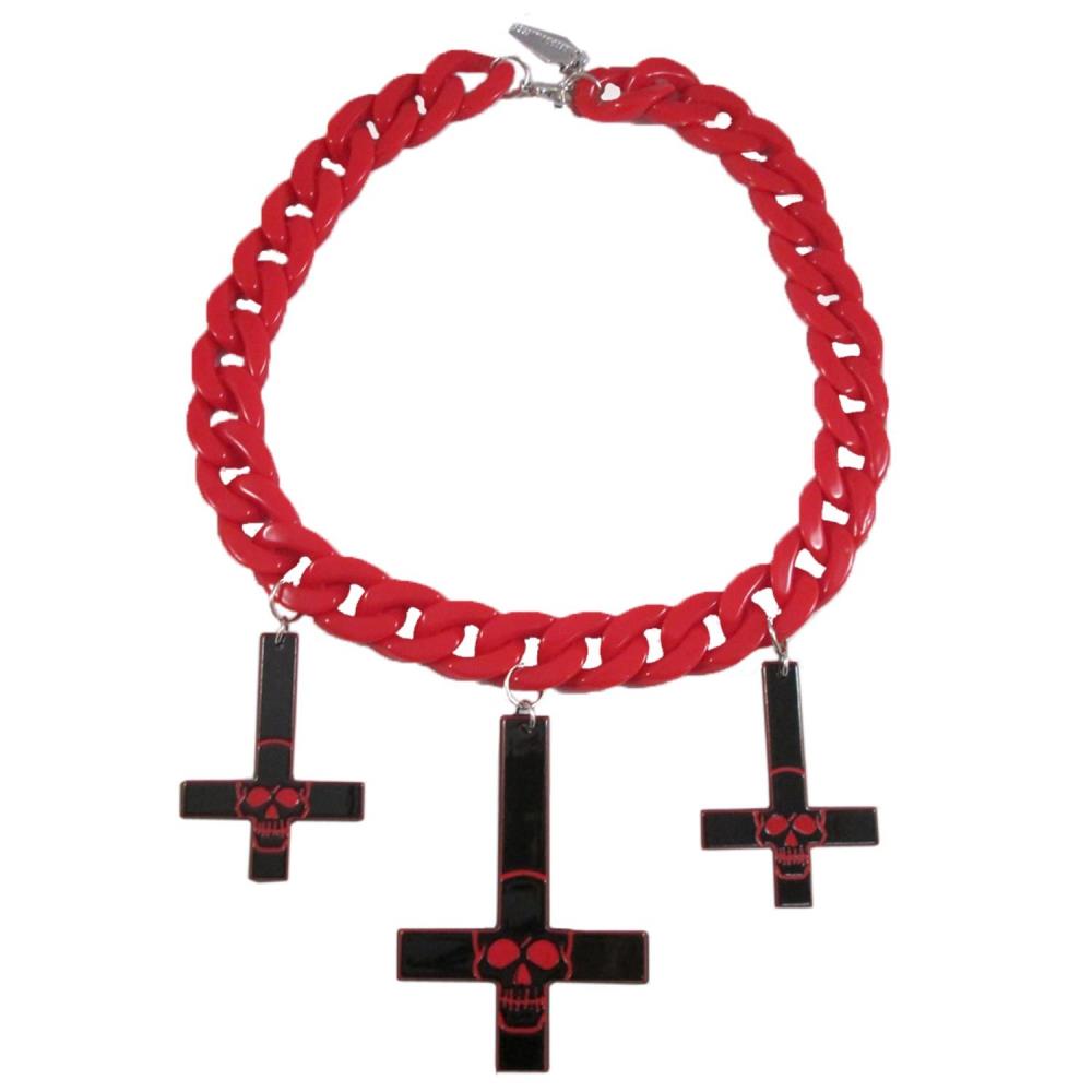 Inverted Cross Skull Necklace Red - Kreepsville