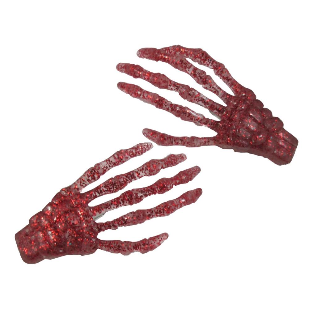 Skeleton Bone Hand Hairslides Red Glitter - Kreepsville