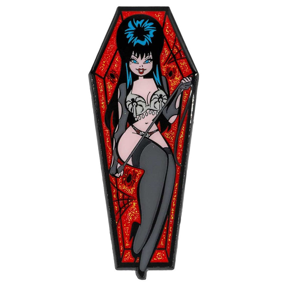 Elvira Spider Coffin Glitter Enamel Pin - Kreepsville