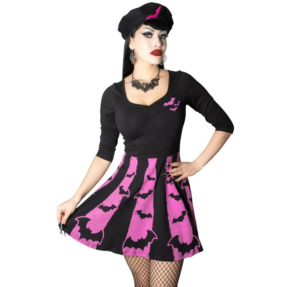 Kreepsville | Bat Stripe Pink Skater Dress Small Kreepsville | Bat Stripe Pink Skater Dress Small