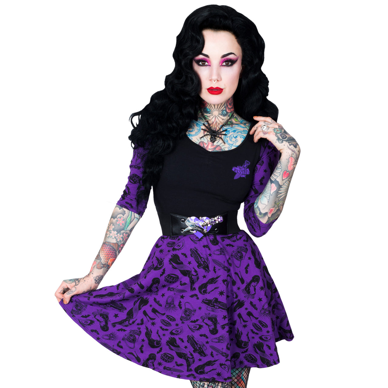 Elvira Comic Icons Purple Skater Dress - Kreepsville