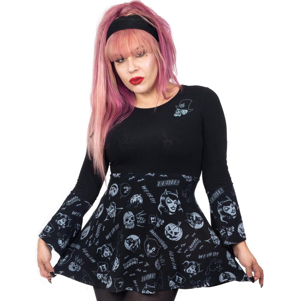 Spookshow Bell Sleeve Babydoll Top Blk/Grey - Kreepsville