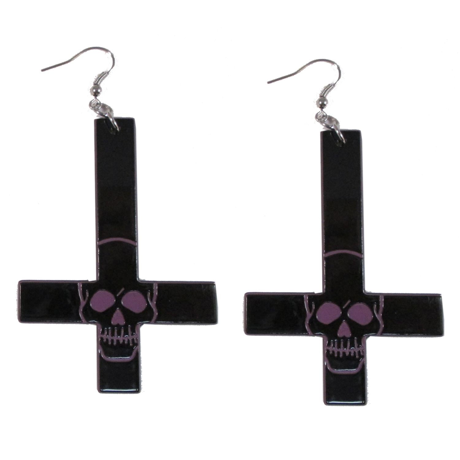 Inverted Cross Skull Earrings Purple - Kreepsville