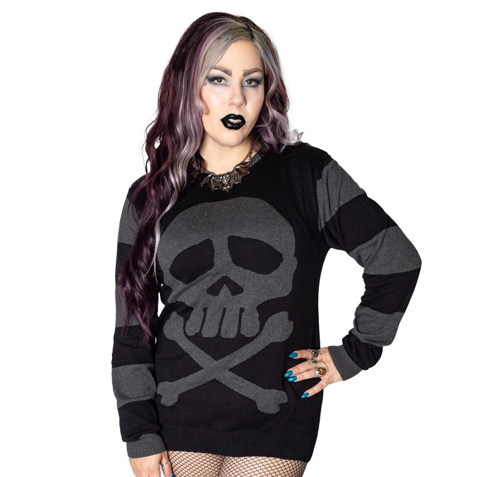 Harlock Skull Grey Striped Sweater - Kreepsville